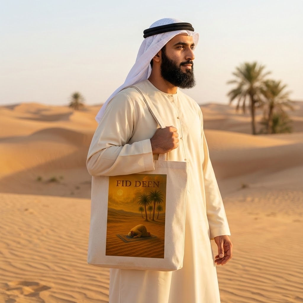 Man in Sujood in Desert – [Black] Tote Bag